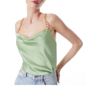 Alice + Olivia Mint Satin Camisole with Gold Chain Straps